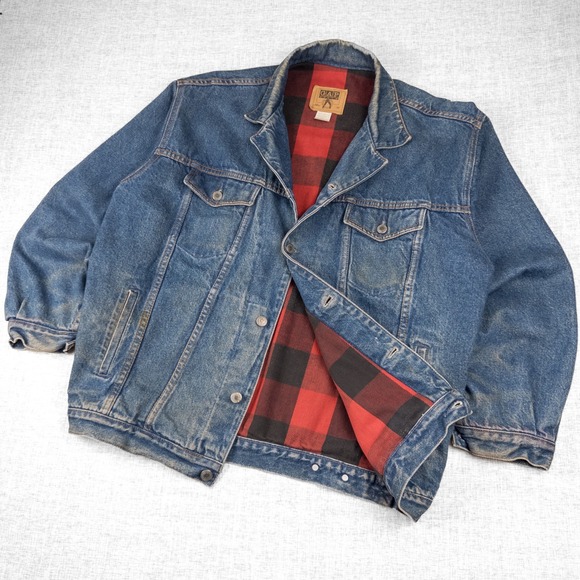 Vintage GAP Flannel Lined Denim Trucker Jacket Buffalo Plaid 90s Workwear M - Picture 3 of 12
